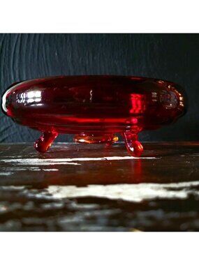 Vintage Red Viking Footed Bowl with Applied Applied Amberina Glass and Feet